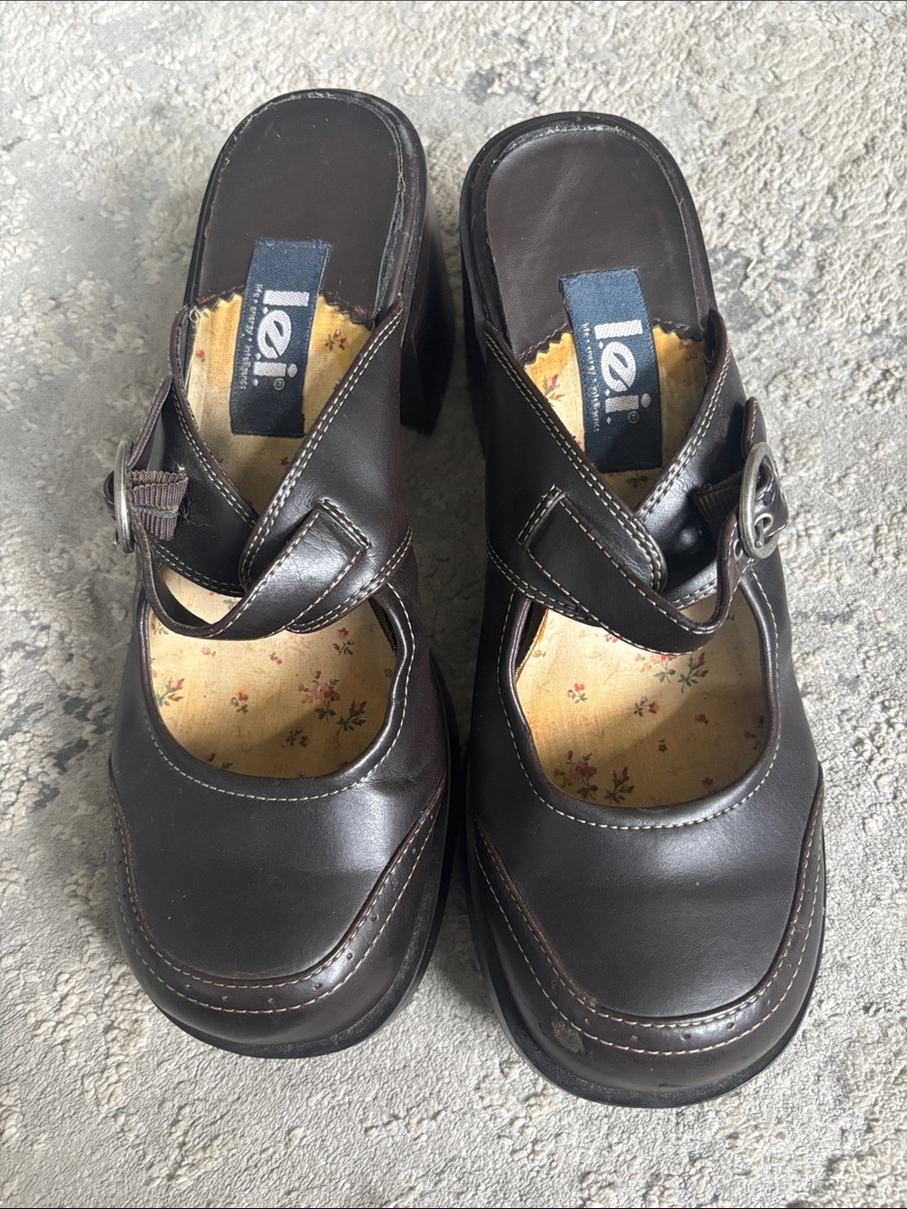 lei Y2K Dark Brown Leather Mary Jane Clog Heels with wBuckle
